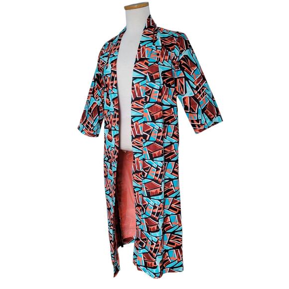 Dopamine Mid Century Mod Pink 60s Psychedelic Long Coat Handmade Teal - Picture 2 of 16